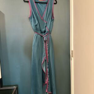 Vintage Faux Wrap Satin Teal Maxi Dress